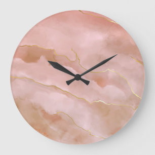 Pink Liquid Marble Gold Texture Large Clock