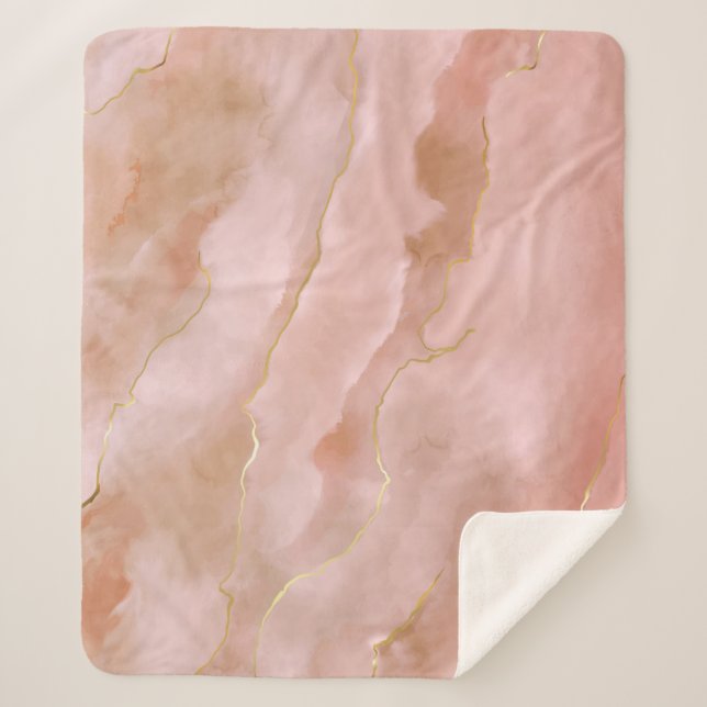 Pink Liquid Marble Gold Texture Sherpa Blanket (Front)