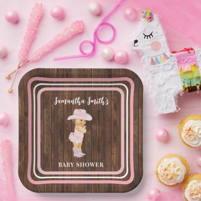 Pink Little Baby Cowgirl Western Baby Shower Paper Plates (Party)