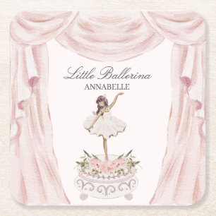 Pink Little Ballerina Baby Shower or Birthday Square Paper Coaster
