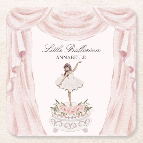 Pink Little Ballerina Baby Shower or Birthday Square Paper Coaster