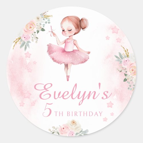 Pink little ballerina girl birthday round stickers