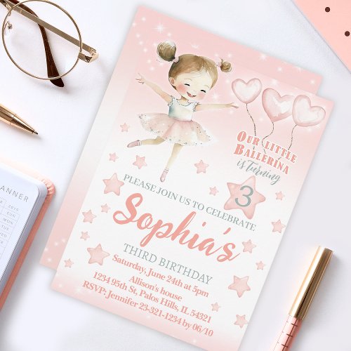 Pink little ballerina sparkly birthday invitation