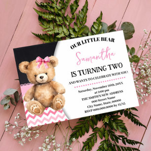 Pink Little Bear Birthday Pink Chevron Teddy Bear Invitation