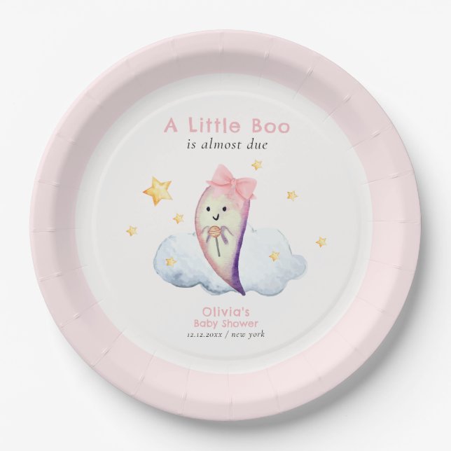 Pink Little Boo Bow Ghost Halloween Baby Shower  Paper Plates (Front)