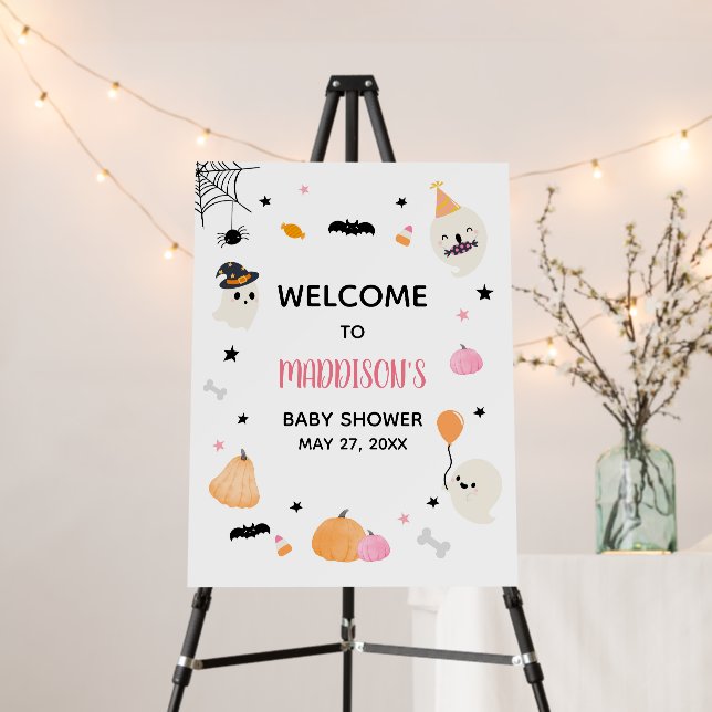 Pink Little Boo Ghost Baby Shower Welcome Sign (In Situ (Stand))