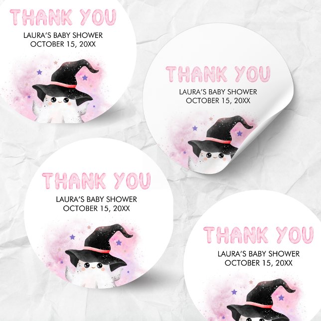Pink Little Boo Ghost Witch Baby Shower Classic Round Sticker (Little Boo Halloween Baby Shower Round Sticker)