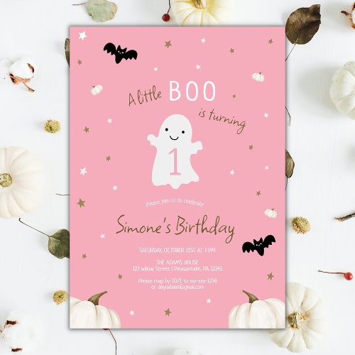 Pink Little Boo Halloween 1st Birthday Invitation