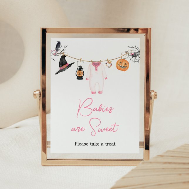 Pink Little Boo Halloween Babies are Sweet Poster (Halloween Baby Clothes Baby Shower Babies are Sweet Sign)