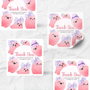 Pink Little Boo Halloween Baby Shower Square Sticker