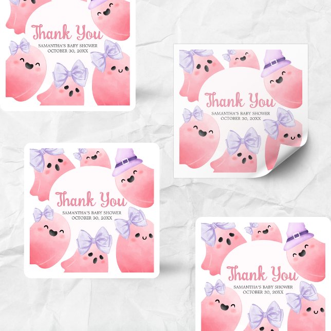 Pink Little Boo Halloween Baby Shower  Square Sticker (Girl Little Boo Halloween Baby Shower Sticker)