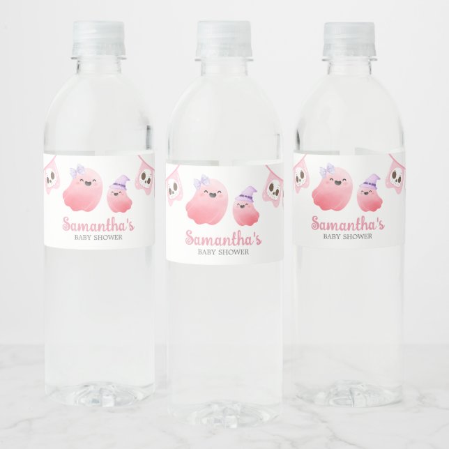 Pink Little Boo Halloween Baby Shower  Water Bottle Label (Bottles)