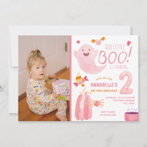 Pink Little Boo Turning 2 Photo 2nd Birthday Invitation
