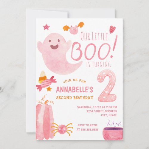 Pink Little Boo Turning Two Halloween 2nd Birthday Invitation