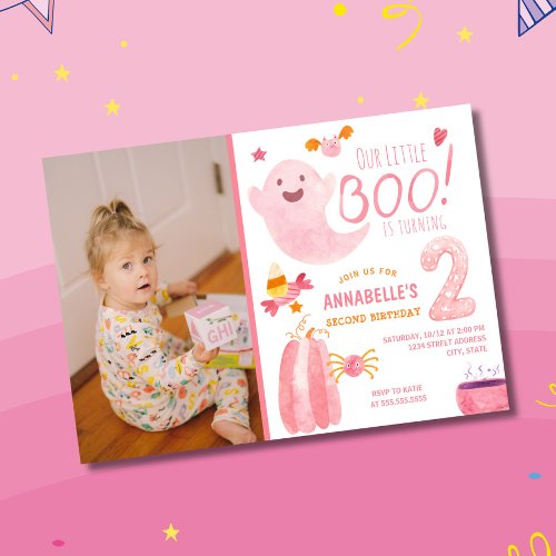 Pink Little Boo Turning Two Photo 2nd Birthday Invitation