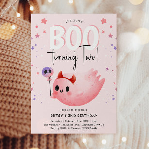 Pink Little Boo Two Girl Halloween 2nd Birthday Invitation