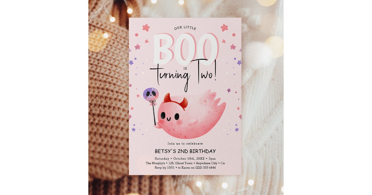 Pink Little Boo Two Girl Halloween 2nd Birthday Invitation | Zazzle