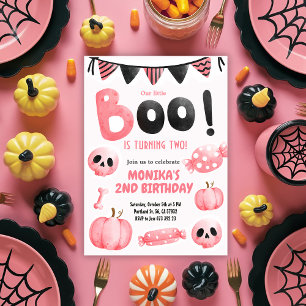 Pink Little Boo Two Girl Halloween 2nd Birthday Invitation