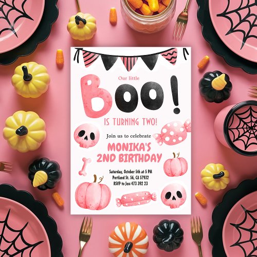 Pink Little Boo Two Girl Halloween 2nd Birthday  Invitation