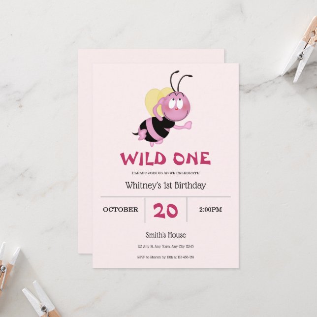 Pink Little Bumblebee 1st Birthday Invitation (Front/Back In Situ)