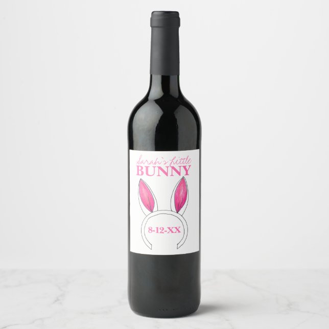 Pink Little Bunny Ears Baby Shower Favor Wine Label (Front)