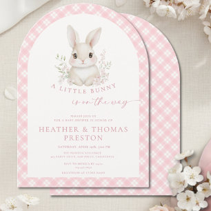 Pink Little Bunny Gingham Arch Baby Shower Invitation