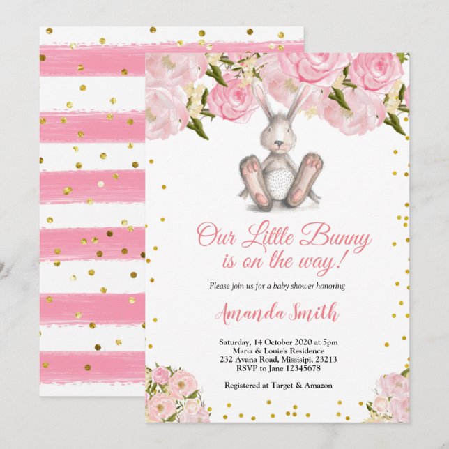 Pink Little Bunny Gold Baby Shower Invitation (Front/Back)