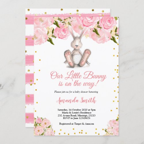 Pink Little Bunny Gold Baby Shower Invitation