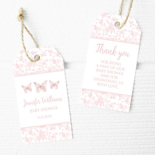 Pink little butterfly baby girl shower thank you gift tags