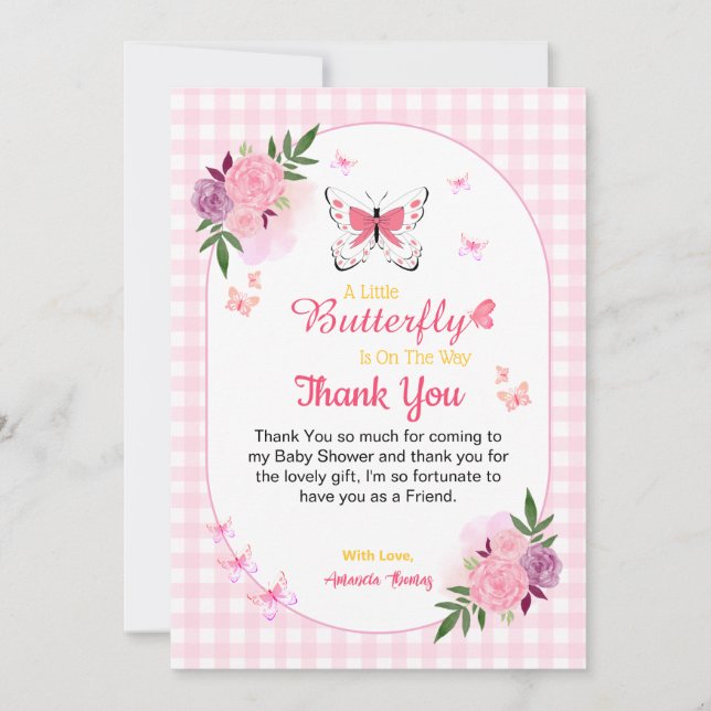 Pink Little Butterfly Baby Shower Thank You Cards  (Front)