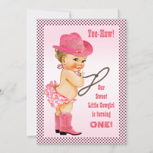 Pink Little Cowgirl Polka Dots 1st Birthday Invitation