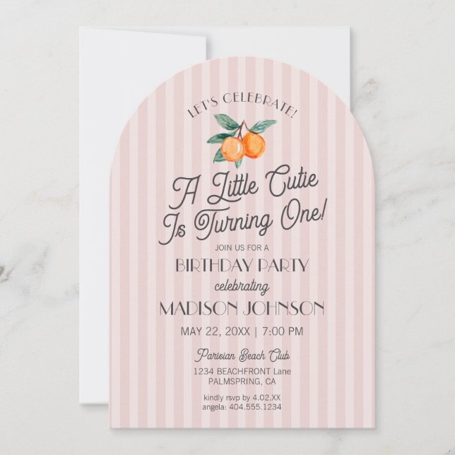 Pink Little Cutie Citrus Birthday Party Invitation (Front)