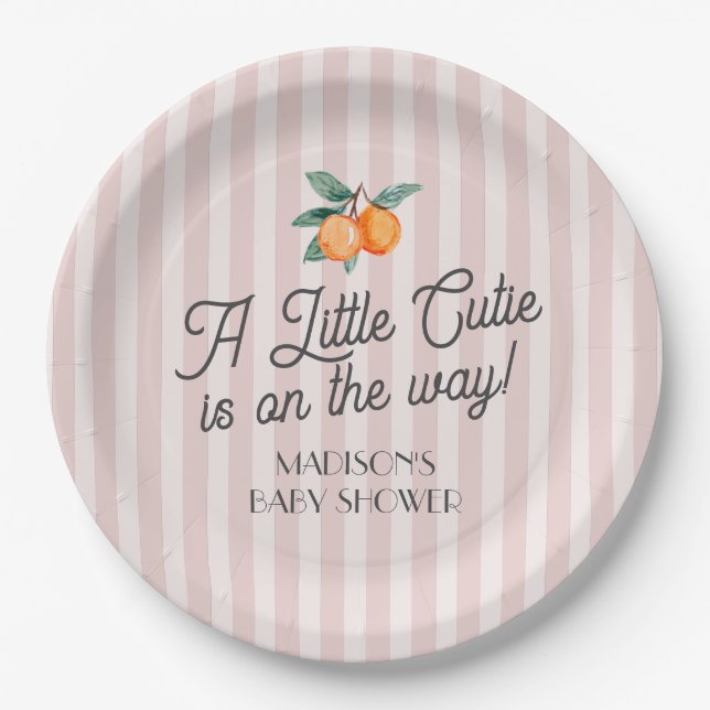 Pink Little Cutie On The Way Citrus Baby Shower Paper Plates (Front)