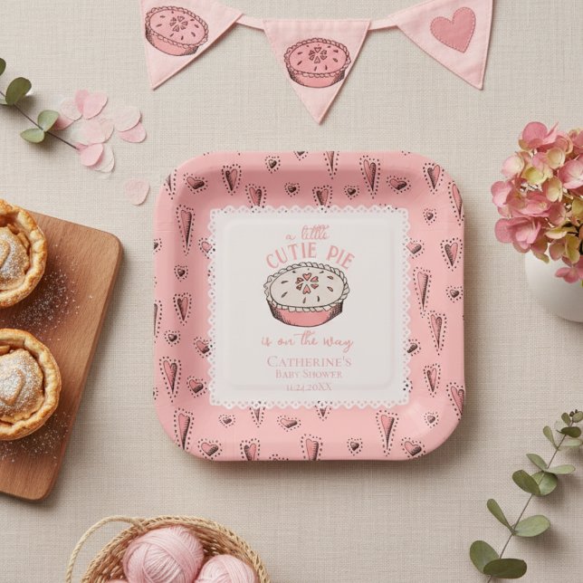 Pink Little Cutie Pie Autumn Baby Girl Shower Paper Plates (Cute Thanksgiving Baby shower  A Little Cutie Pie Pink Square Paper Plates with Autumn Pie & Hearts)