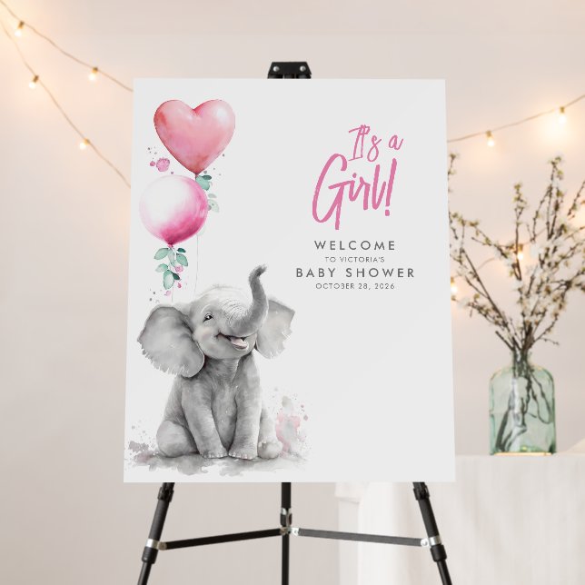 Pink Little Elephant Baby Shower Welcome Sign (In Situ (Stand))