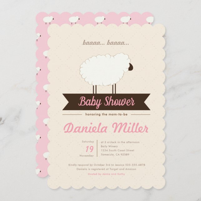 Pink Little Lamb Baby Girl Shower Invitation (Front/Back)