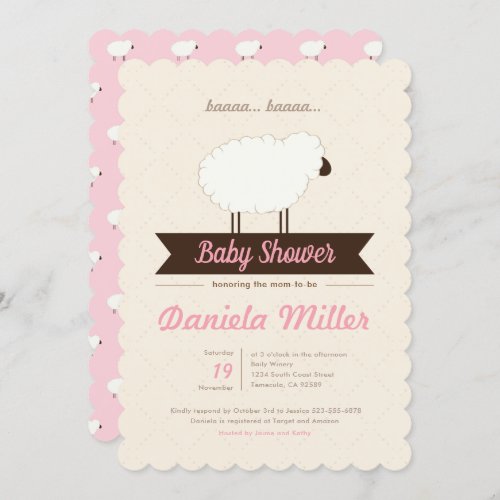 Pink Little Lamb Baby Girl Shower Invitation