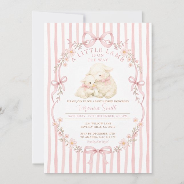 Pink Little Lamb Baby Shower Stripes Invitation (Front)