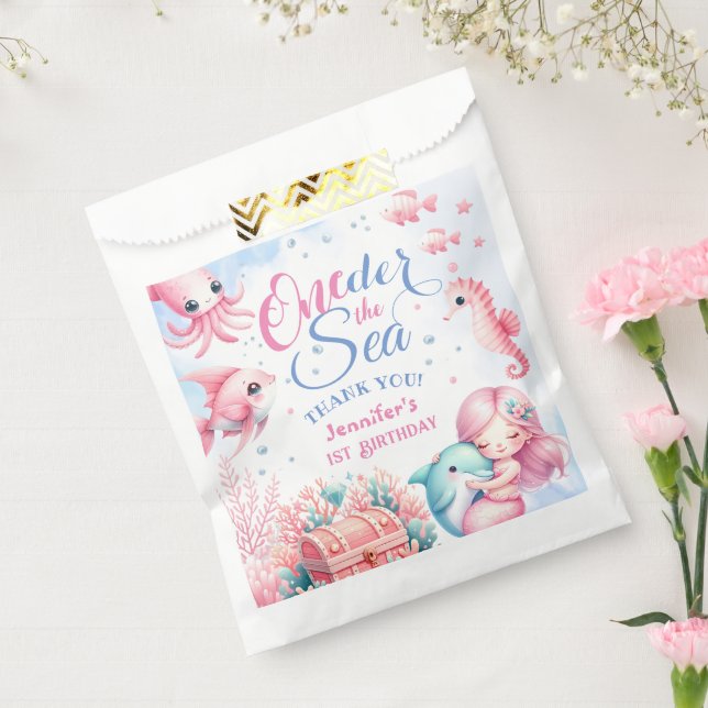 Pink Little Mermaid Cute Ocean Girl 1st Birthday  Favor Bag (Sealed)