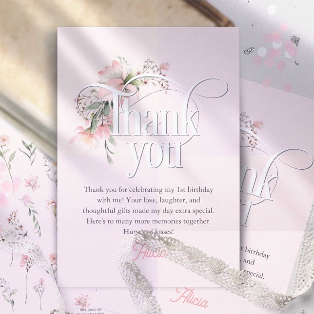 Pink Little Miss Onederful Cute Girl 1st Birthday Thank You Card (Pink wildflower, little miss onederful 1st birthday thank you cards)
