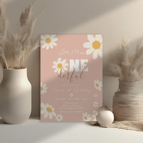 Pink Little Miss ONEderful Daisy Flowers Birthday Invitation