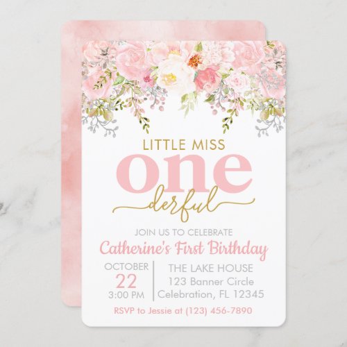 Pink Little Miss ONEderful Girl First Birthday Invitation