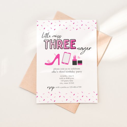 Pink Little Miss Threenager Birthday Invitation