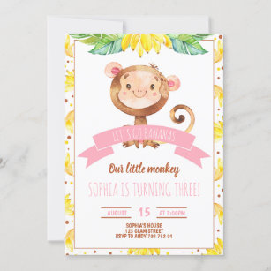 Pink Little Monkey Baby Girl Birthday Party Invitation
