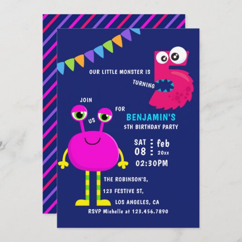Pink Little Monster 5th Birthday Party Invitation
