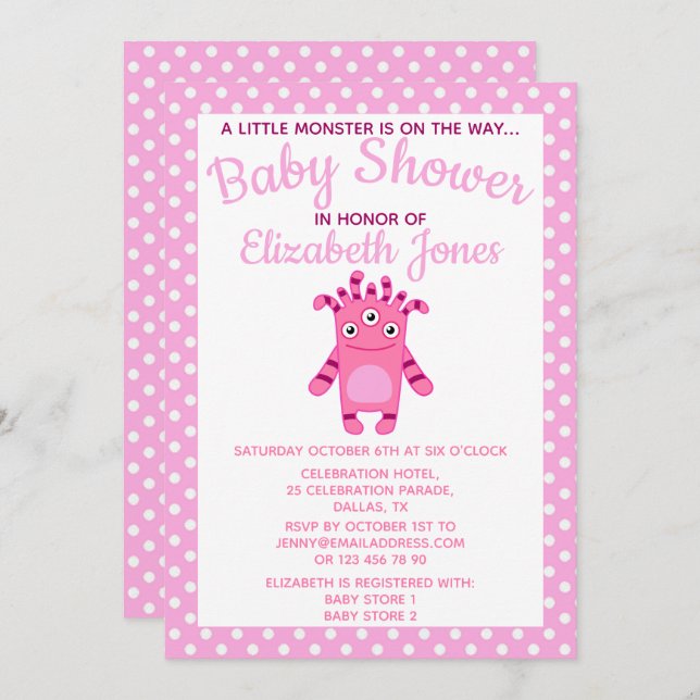 Pink Little Monster Baby Shower Invitation (Front/Back)