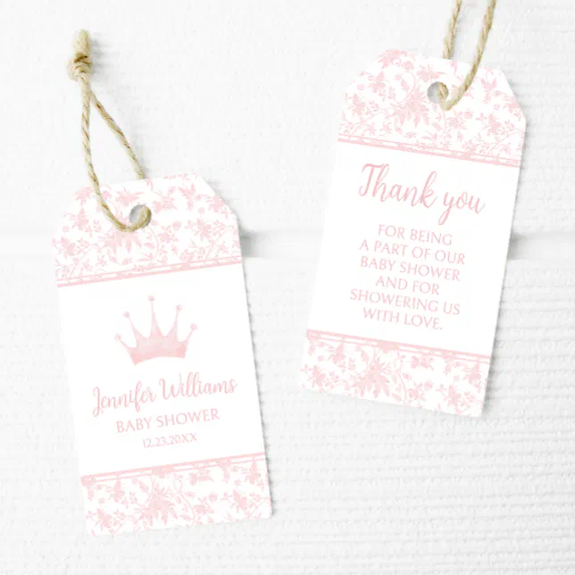 Pink little princess baby girl shower thank you gift tags | Zazzle