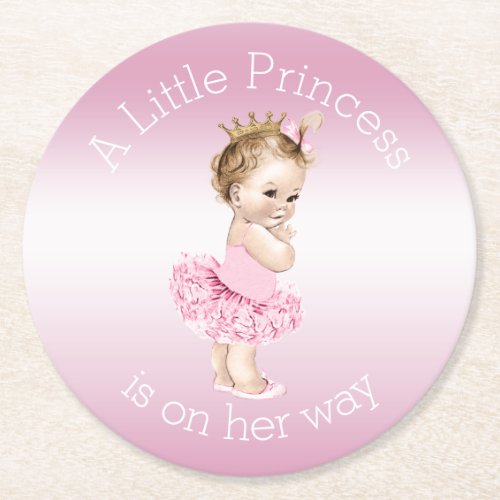 Pink Little Princess Ballerina Baby Shower Round Paper Coaster