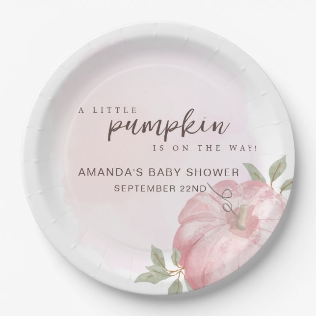 Pink Little Pumpkin Autumn Fall Baby Shower Paper Plates (Front)
