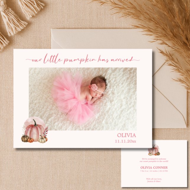 Pink Little Pumpkin Baby Boy Photo Announcement (Creator Uploaded)